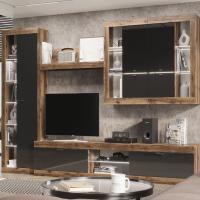 Модульная гостиная "ПРАГА", комплект 3, Дуб Делано / Черный глянец, ширина 318.8 см, стенка с полками, тумба для TV