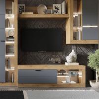 Тумба ТВ малая "ПРАГА", Дуб Вотан / Графит, ширина 152 см, для гостиной, зала или спальни, напольная, с полками