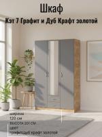 Шкаф 3-створчатый Кэт 7 Графит и Дуб Крафт золотой, ширина 120 см, шкаф распашной, с ящиками, в спальню, в гостиную