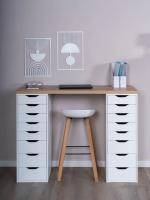 Стол письменный Ингар, 16 ящиков, 140х106х55 см, дуб беленый, ширина 140, высокий учебный стол для школьника или студента, с тумбами, для ноутбука