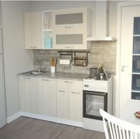 Кухонный гарнитур Лариса стандарт 3 ширина 160 см цвет латте/белый/кантри прямая с открытыми полками,с выдвижными ящиками,