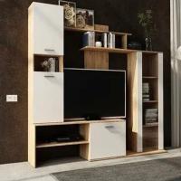 Cтенка в гостиную Данко Дуб Вотан / Белый глянец, под телевизор со шкафом витриной, напольная, горка в гостиную, в зал, тв зона, ширина 230 см, с стеклом