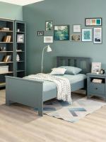 Спальный гарнитур САГА с односпальной кроватью 90 на 200, цвет Темно - бирюзовый, с тумбой и стеллажом для дома в спальню