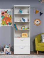 Стеллаж Пикси, с двумя выдвижными ящиками 60x57x180, белый (робкий подснежник), ширина 60 см, с полками и ящиками, высокий в детскую комнату, напольный