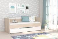 Кровать односпальная с выдвижным ящиком, с дополнительным выдвижным спальным местом, "Галактика", 80 см х 190 см, Цвет Дуб сонома / Белый глянец, подростковая детская