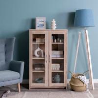 Тумба Сириус, 2 двери со стеклом, 78х41х123 см, Сонома, ширина 78 см с полками, высокая двухдверная для хранения вещей, витрина в гостиную или прихожую