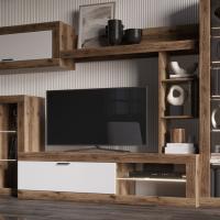 Тумба ТВ малая "ПРАГА", Дуб Делано / Белый, ширина 152 см, для гостиной, зала или спальни, напольная, с полками