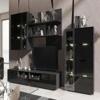 Гостиная Николь Черный глянец, ширина ТВ тумбы 200 см, с шкафом и полками, для дома
