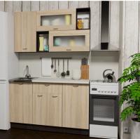 Кухонный гарнитур Симона стандарт 1600мм прямая ширина 160см цвет Дуб сонома/Берилл бежевый/венге с выдвижными ящиками, подъемные дверки с витринами