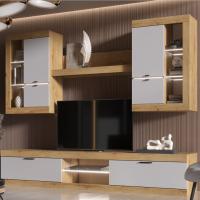 Модульная гостиная "ПРАГА", комплект 2, Дуб Вотан / Белый, ширина 252 см, стенка в гостиную, тумба для TV