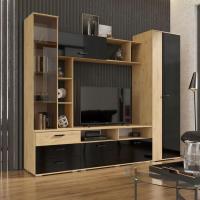 Cтенка в гостиную Крокус Дуб вотан / Черный глянец, ширина 270 см, под телевизор со шкафом витриной, с стеклом