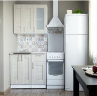 Кухонный гарнитур Лира мини 1000мм прямая ширина 100см цвет Квадро шимо светлый/малага/белый с выдвижными ящиками, витринами, полками