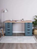 Стол письменный Ингар, 10 ящиков, 140х75х55 см, серо-бирюзовый, столешница дуб беленый, с тумбами для хранения книг, тетрадей, учебный, для ноутбука в детскую или офис, ширина 140 см