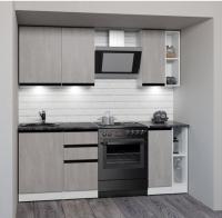 Кухонный гарнитур Сюита медиум 1400мм прямая ширина 140см цвет Бетон светлый/Бетон светлый/Кастилло темный с выдвижными ящиками, открытыми полками, врезной мойкой