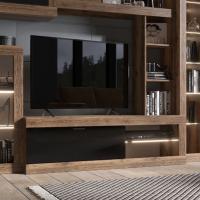 Тумба ТВ малая "ПРАГА", Дуб Делано / Черный глянец, ширина 152 см, для гостиной, зала или спальни, напольная, с полками