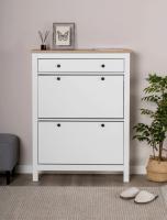 Обувница САГА с 2 откидными ящиками 92х122 цвет Белый и Ясень, ширина 92 см для обуви в прихожую, широкая, тумба напольная