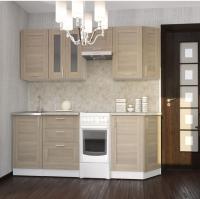 Кухонный гарнитур Лира базис 2400 мм прямая ширина 240см цвет вадро шимо светлый/Малага/белый с выдвижными полками, с витринами,подъемными дверками