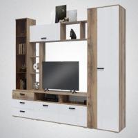 Cтенка в гостиную Крокус Дуб делано / Белый глянец, ширина 270 см, под телевизор со шкафом витриной, с стеклом