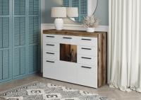 Комод Бастон Дуб Делано/Белый Глянец ЛДСП ширина 135 см с выдвижными ящиками и стеклянными створками напольный