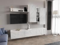 Набор для гостиной ГЛЭЙС состоит из четырёх функциональных элементов: навесной шкаф, открытая полка, подвесная тумба и вертикальная секция для хранения цвет Белый Бриллиант/Монте белый