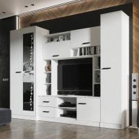 Cтенка в гостиную "Марта" Белый гладкий, под телевизор со шкафом, напольная, горка в гостиную, в зал, тв зона, ширина 270 см, с зеркалом