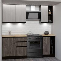 Кухонный гарнитур Симфония медиум 1400мм прямая ширина 140см цвет Бетон светлый/Бетон темный/Дуб бунратти с выдвижными ящиками, полками, открытыми полками и столом