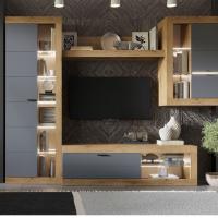 Модульная гостиная "ПРАГА", комплект 4, Дуб Вотан / Графит, ширина 252.2 см, стенка с полками, тумба для TV