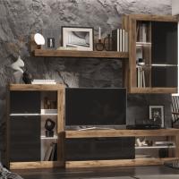 Модульная гостиная "ПРАГА", комплект 5, Дуб Делано / Черный глянец, ширина 218.6 см, стенка с полками, тумба для TV