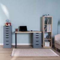 Стол письменный Ингар, 5 ящиков, 140х75х55 см, серо-бирюзовый/черный, столешница дуб беленый, ширина 140 см с ящиками, учебный для студента или школьника, для ноутбука