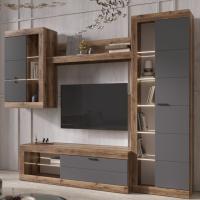 Модульная гостиная "ПРАГА", комплект 4, Дуб Делано / Графит, ширина 252.2 см, стенка с полками, тумба для TV