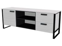 Тумба ТВА имеет секцию с распашной дверцей и вместительные выдвижные ящики цвет Ясень Анкор светлый/Черный/МЕТАЛЛ Черный Муар ширина 160 см