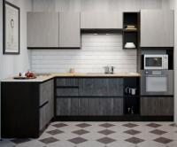 Кухонный гарнитур Симфония мега прайм 1500*2700мм угловая ширина 150*170см цвет Бетон светлый/Бетон темный/Дуб бунратти с выдвижными ящиками, пеналом, открытыми полками