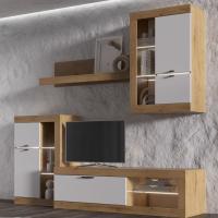 Модульная гостиная "ПРАГА", комплект 5, Дуб Вотан / Белый, ширина 218.6 см, стенка с полками, тумба для TV