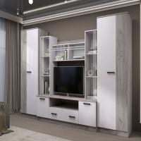 Гостиная "Николь - 2" Дуб Крафт Серый, Кашемир, ширина 320 см, с шкафами, с тумбой под тв, с ящиками,