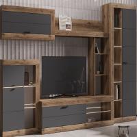 Модульная гостиная "ПРАГА", комплект 1, Дуб Делано / Графит, ширина 285.2 см, стенка с полками, тумба для TV