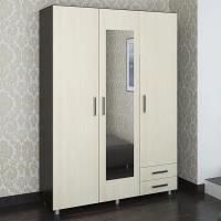 Шкаф 302, венге/дуб девонширский, ширина 140 см, трехстворчатый с зеркалом и полками, со штангой, для дома, спальни или прихожей