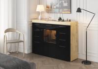 Комод Бастон Дуб Вотан/Черный Глянец ЛДСП ширина 135 см с выдвижными ящиками и стеклянными створками напольный