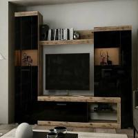 Cтенка в гостиную "Бастон" Дуб Делано / Черный глянец, под телевизор со шкафом витриной, напольная, горка в гостиную, в зал, тв зона, ширина 280 см, с стеклом