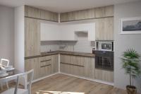 Кухонный гарнитур Антика гранд прайм 2100*2700, Цвет Белый глянец/Дуб браун, ширина 210 см * 270 см, с навесными шкафами, с выдвижными ящиками, с полкой. с тумбой под мойку