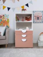 Стеллаж Пикси, с тремя выдвижными ящиками 60x57x120, цвет - мечтательный пион, розовый с полками и ящиками, напольный для детской спальни ширина 60 см