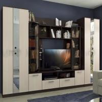 Гостиная Венеция Дуб беленый/венге, ширина 340 см, комплект для зоны ТВ, горка под телевизор с полками и шкафом