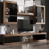 Тумба ТВ большая "ПРАГА", Дуб Делано / Черный глянец, ширина 252.2 см, высота 46 см, для гостиной, зала или спальни, напольная, с полками